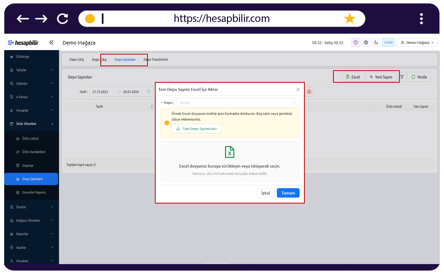 Tam Depo Sayımı Excel İçe Aktar