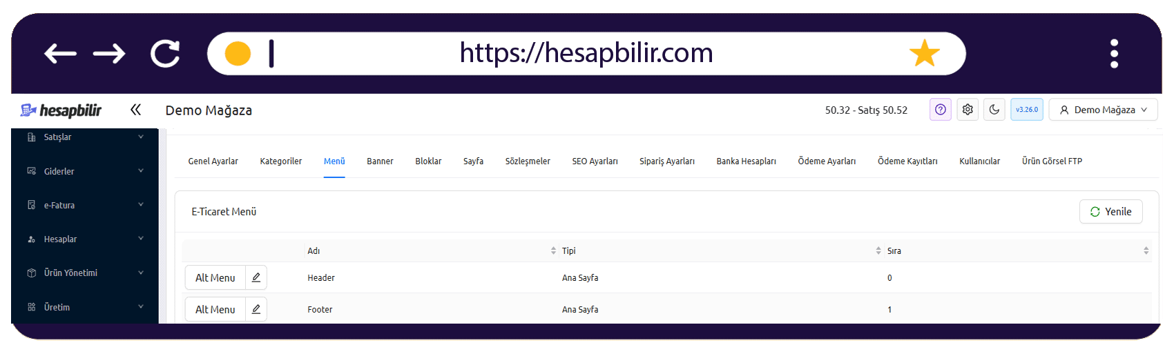 E-Ticaret Menü Ayarları