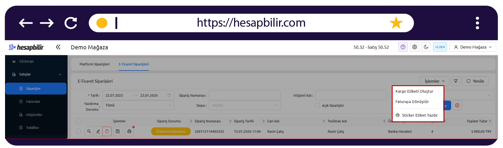 e-Ticaret Sipariş Detay Ekranı
