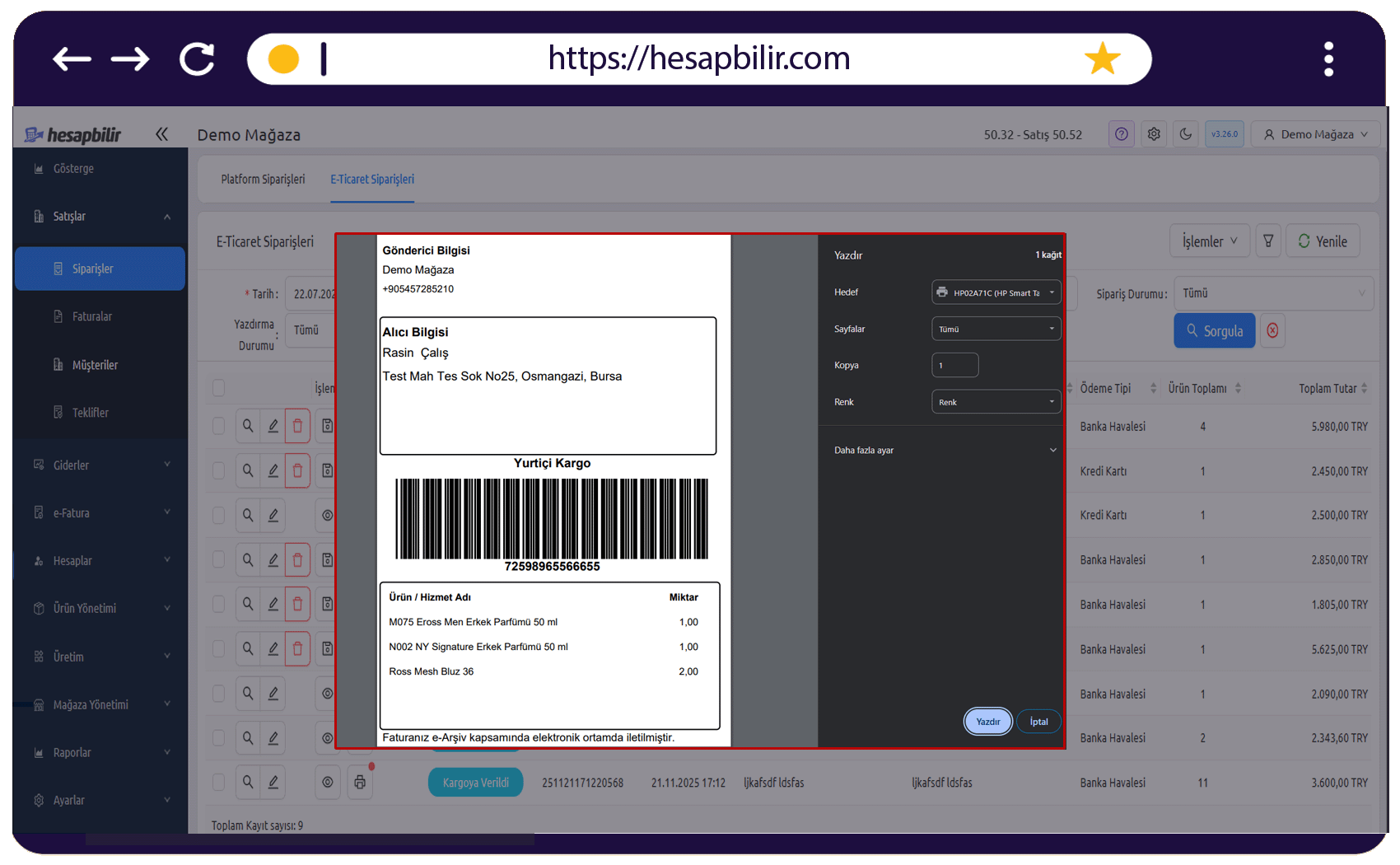 e-Ticaret Sipariş Detay Ekranı