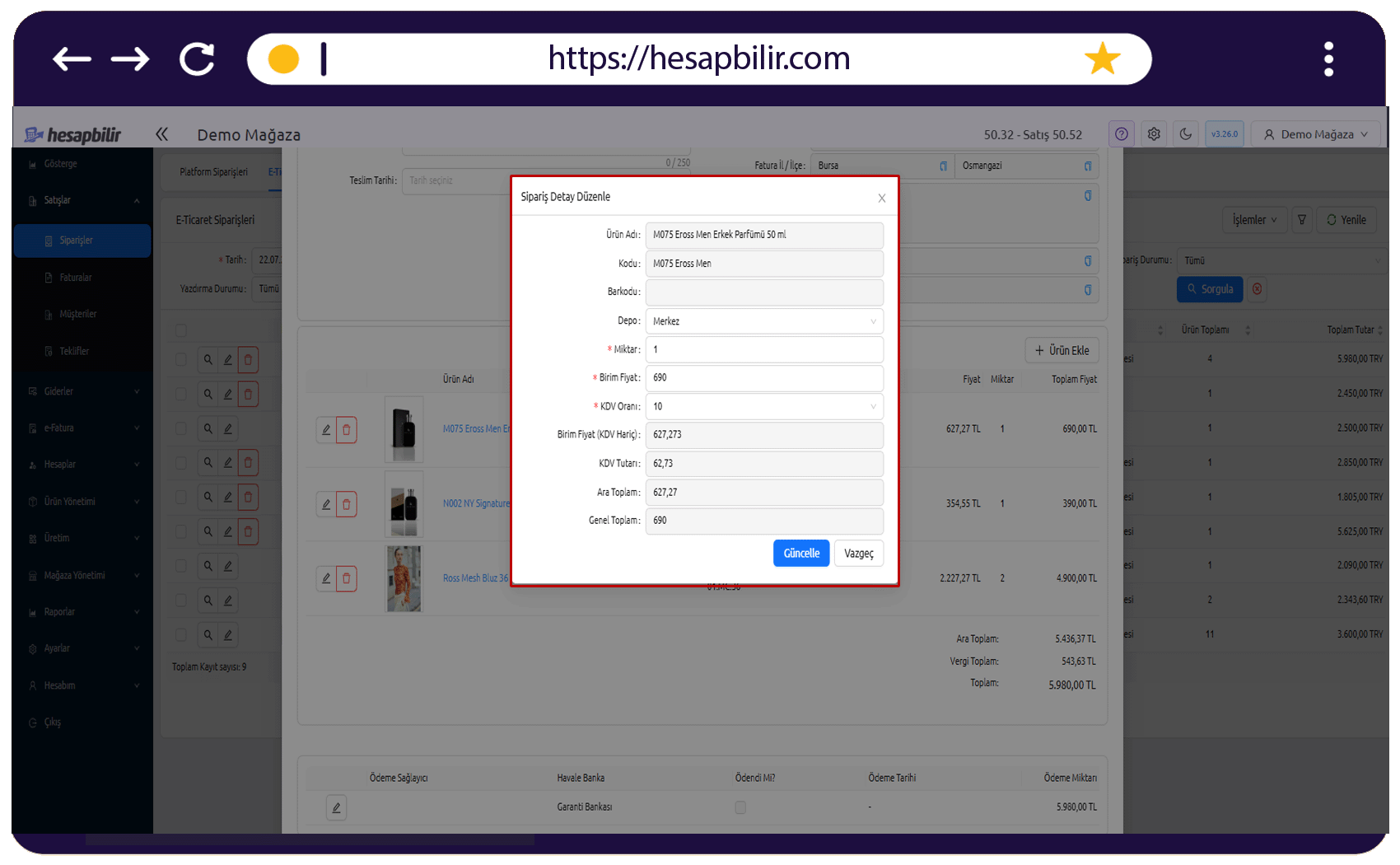 e-Ticaret Sipariş Detay Ekranı
