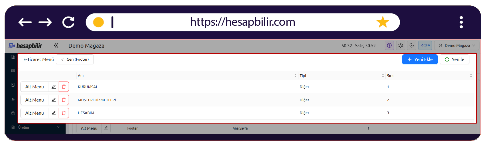 E-Ticaret Menü Ayarları
