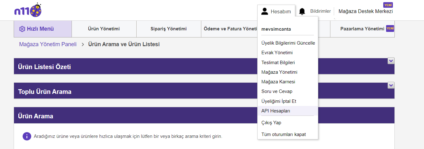 N11 API Hesap Menüsü